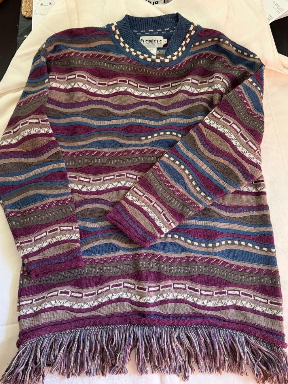 Premier Men’s Striped Crewneck Sweater in Plum, Blue and Gray